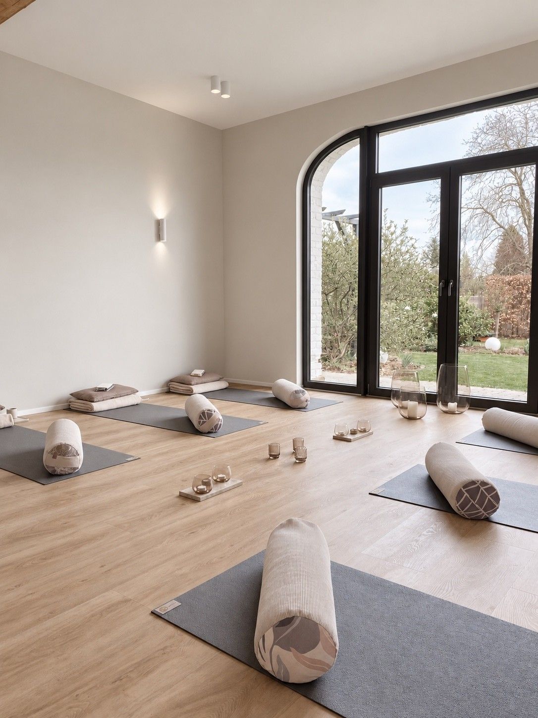Heller Raum mit Yogamatten, Bolster-Rollen und Teelichtern am Boden, dahinter eine große Bogentür zum Garten