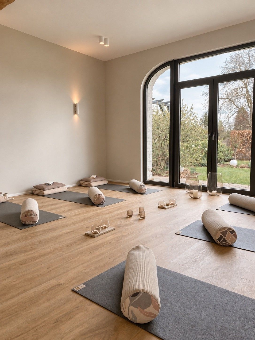 Heller Raum mit Yogamatten, Bolster-Rollen und Teelichtern am Boden, dahinter eine große Bogentür zum Garten