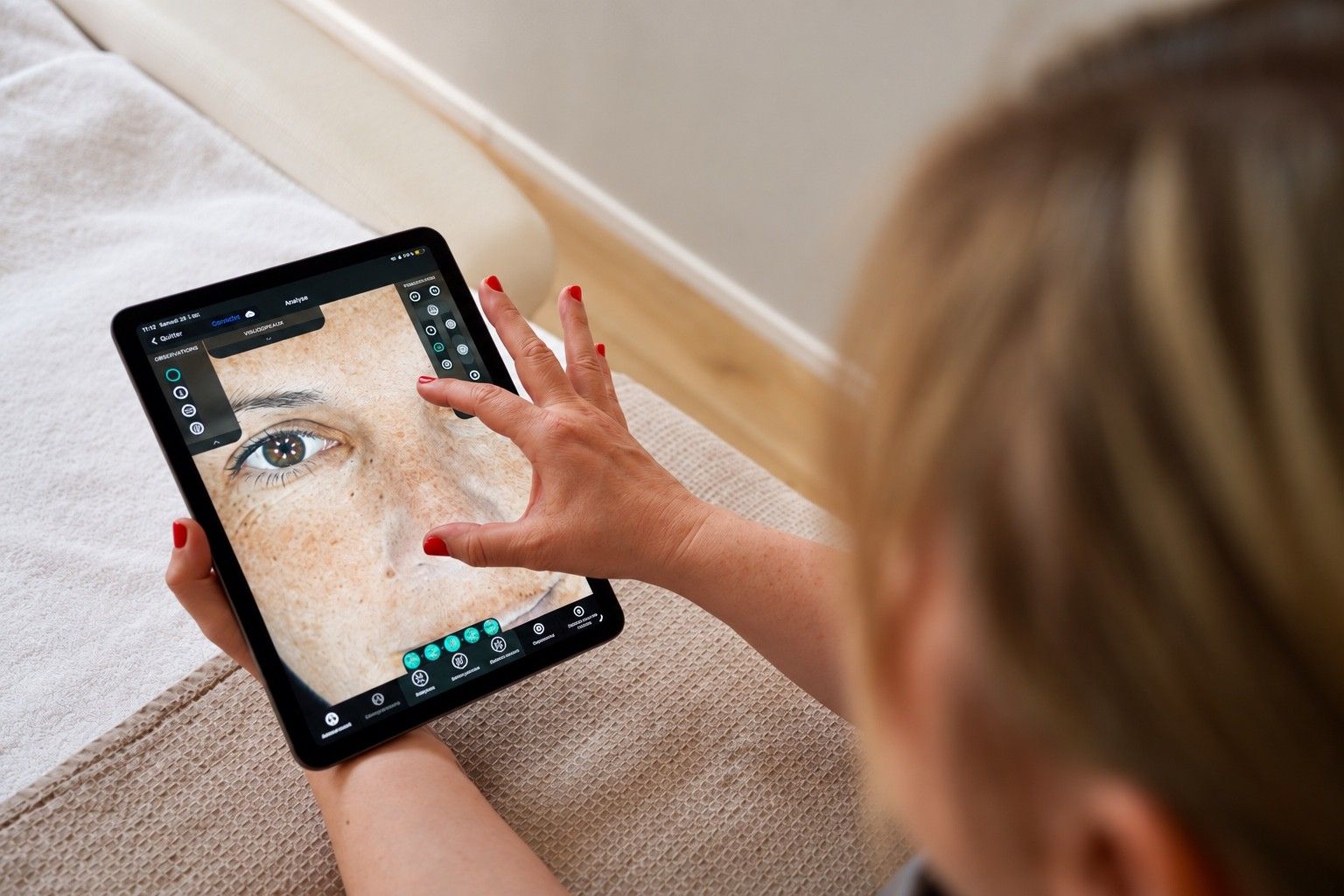 Hände mit rot lackierten Nägeln zoomen auf einem Tablet in die Nahaufnahme eines Gesichts