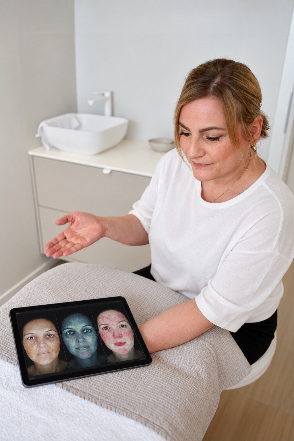 Maike sitzt an der Behandlungsliege und erklärt mit offener Hand die Aufnahme eines Gesichts auf einem Tablet
